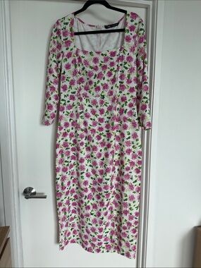 Zara pink white floral midi dress